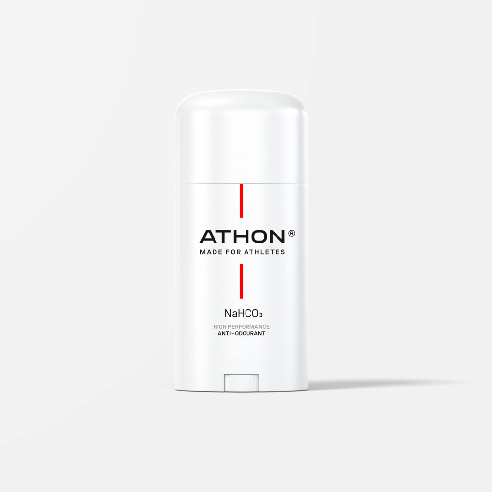 
                  
                    Front package shot of Athon Deodorant - Made for Athletes. A white, oval container with a red stripe down the middle of the front and logo in the centre.
                  
                